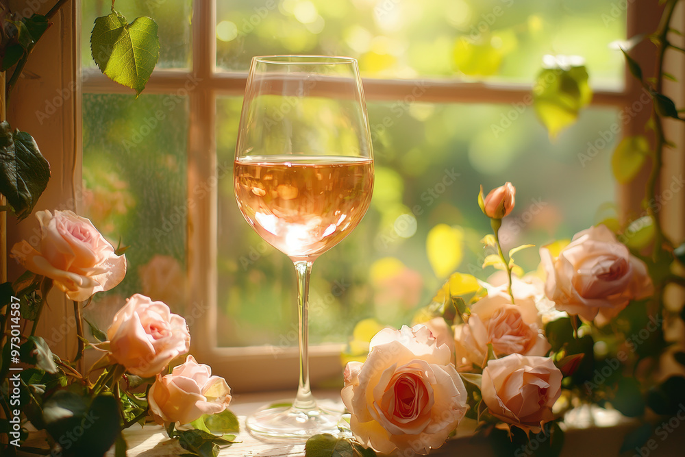 A wine glass filled with rose wine is beautifully positioned by window, surrounded by blooming roses. soft sunlight enhances romantic atmosphere, creating serene and inviting scene A wine glass filled with rose wine is beautifully positioned by window, surrounded by blooming roses. soft sunlight enhances romantic atmosphere, creating serene and inviting scene
