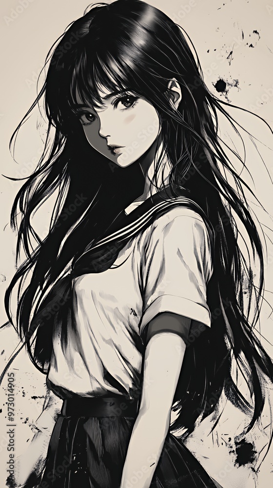 A monochrome illustration of a girl with long black hair wearing a white shirt and black skirt with her hair flowing in the wind.