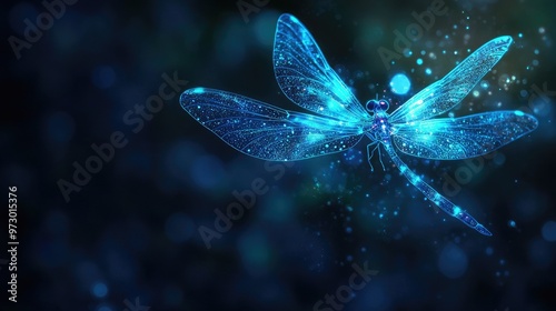 Dragonfly with glowing blue wings in mid-flight, highlighted against a dark backdrop, radiating a soft, ethereal light. photo