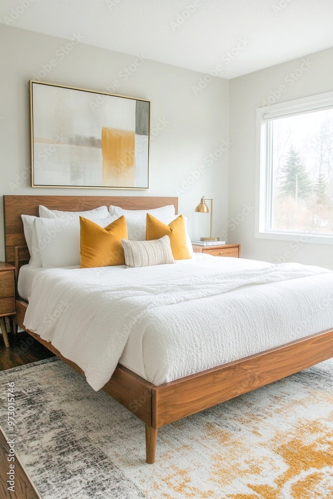 Fototapeta premium A photo of a mid century modern interior in a cozy bedroom with white walls hanging with art frames and a bed for sleeping. Generative AI 