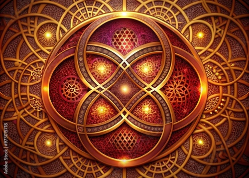 A stylized design of interconnected circles, timeless and infinite, rendered in vibrant colors with subtle texture and shading, evoking eternal mystery. photo