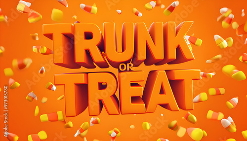 3D Halloween Promotional Graphic Featuring 'Trunk or Treat' with Flying Candy Corn