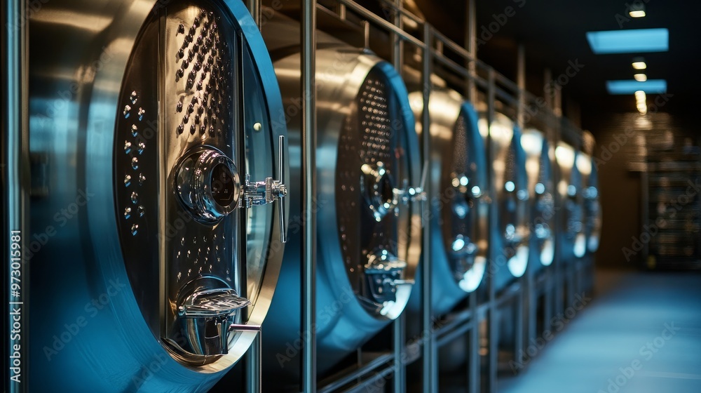 Fototapeta premium A row of steel cisterns used to store wine