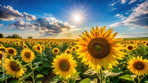 A sunny afternoon scene is bathed in vibrant lemon-yellow hues as a field of sunflowers sways gently towards the horizon under a brilliant blue sky. photo