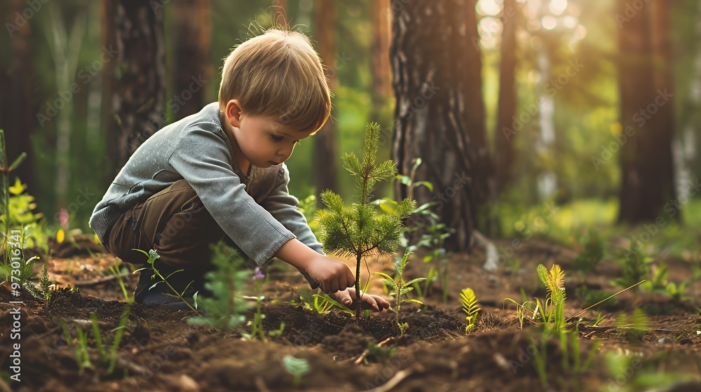 Young boy planting a tree in a forest, with sunlight shining through the trees. Young boy planting a tree in a forest, with sunlight shining through the trees.