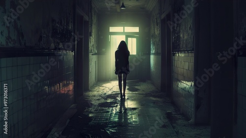 A woman stands in a dark and eerie hallway.