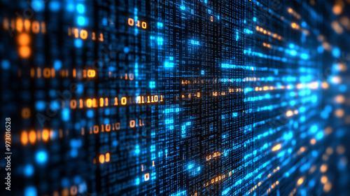 Wallpaper Mural Abstract Blue Digital Binary Data Stream on Screen Background – High-Tech Digital Code and Programming Visuals for Technology, Data Analysis, and Cybersecurity Concepts. Torontodigital.ca