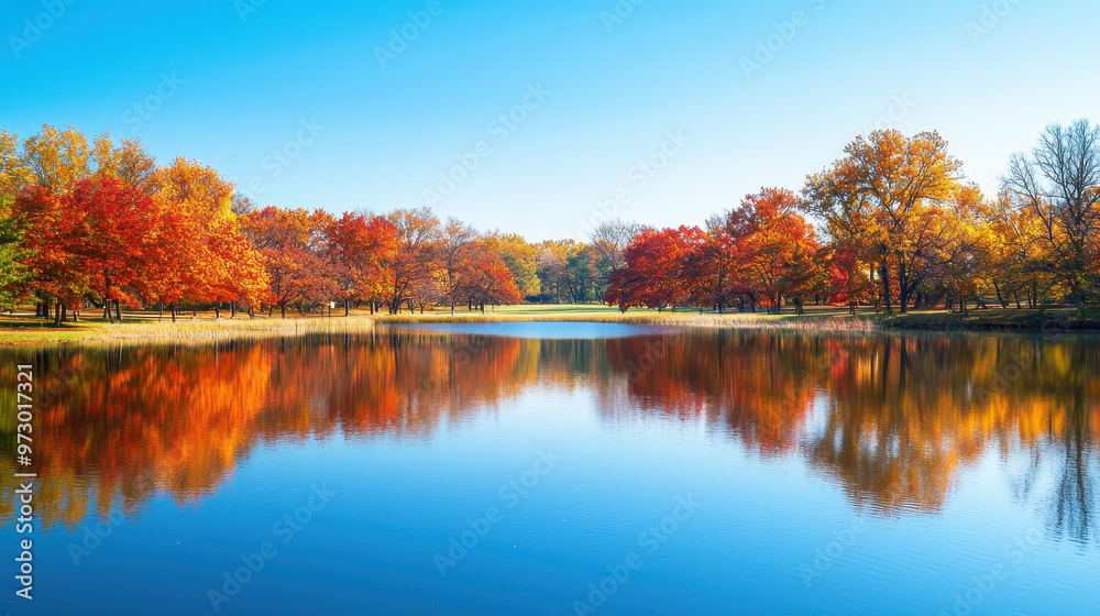 Vibrant autumn landscape with colorful trees reflecting in a serene lake under a clear blue sky Vibrant autumn landscape with colorful trees reflecting in a serene lake under a clear blue sky