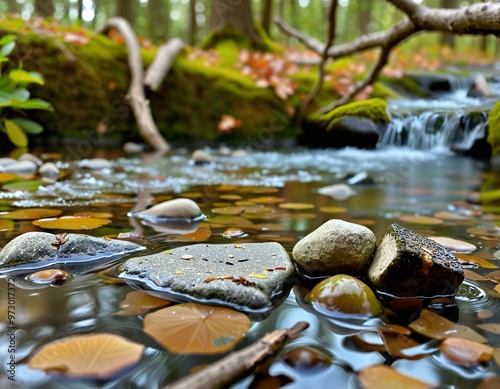 Tranquil Summer Forest Stream Isolated on Transparent Background photo