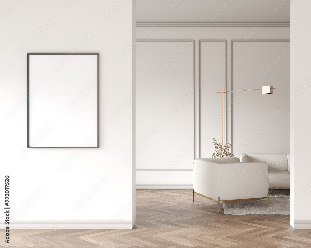 Fototapeta premium Minimalist interior with white walls, a sleek sofa, and modern decor, perfect for creating a serene living space. 3D rendering