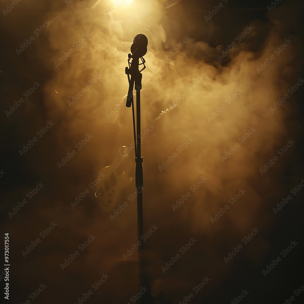 The iconic image of a microphone stand in a smoky room, with a faint outline of a guitarist playing a riff, the two merging in the haze. 64k, The iconic image of a microphone stand in a smoky room, with a faint outline of a guitarist playing a riff, the two merging in the haze. 64k,