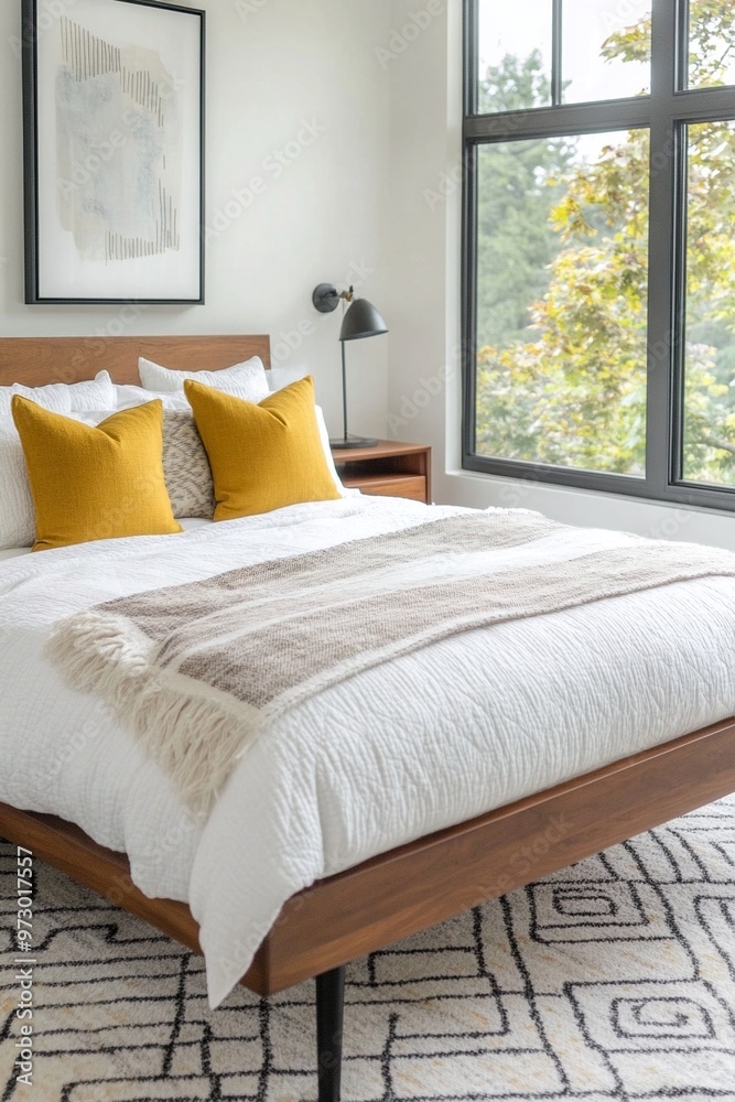 Obraz premium A photo of the mid-century modern interior of a house bedroom with a white-walled room and comfortable bed. Generative AI 