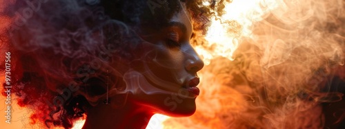 Portrait of a woman surrounded by smoke with dramatic lighting photo