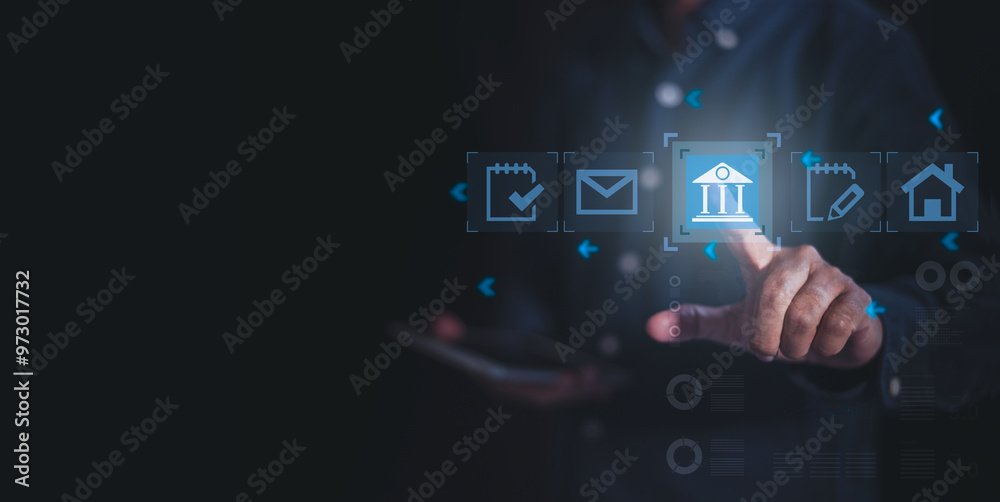 A business person interacting with digital icons on a screen, representing banking, communication, and online services. A business person interacting with digital icons on a screen, representing banking, communication, and online services.