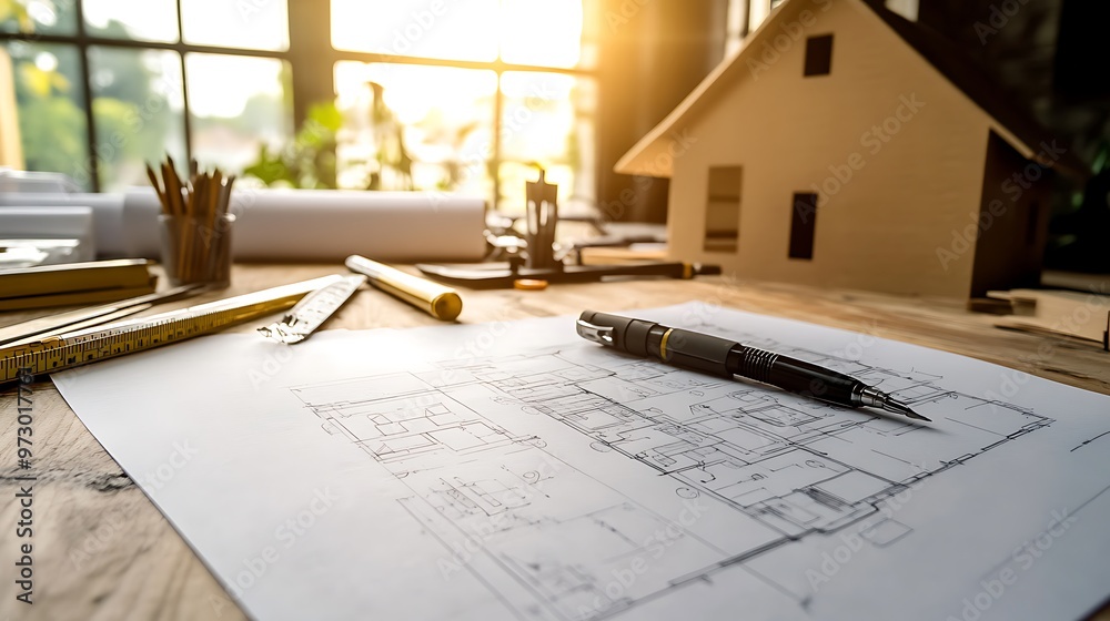 A technical drawing of a house floor plan laid out on a clean surface, with measuring tools and bright natural light creating a professional setting A technical drawing of a house floor plan laid out on a clean surface, with measuring tools and bright natural light creating a professional setting