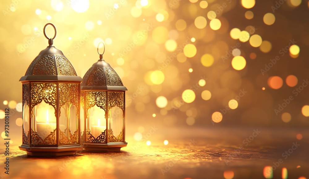 Three ornate lanterns hanging against a softly glowing, warm background during an evening celebration or Ramadan Kareem Three ornate lanterns hanging against a softly glowing, warm background during an evening celebration or Ramadan Kareem
