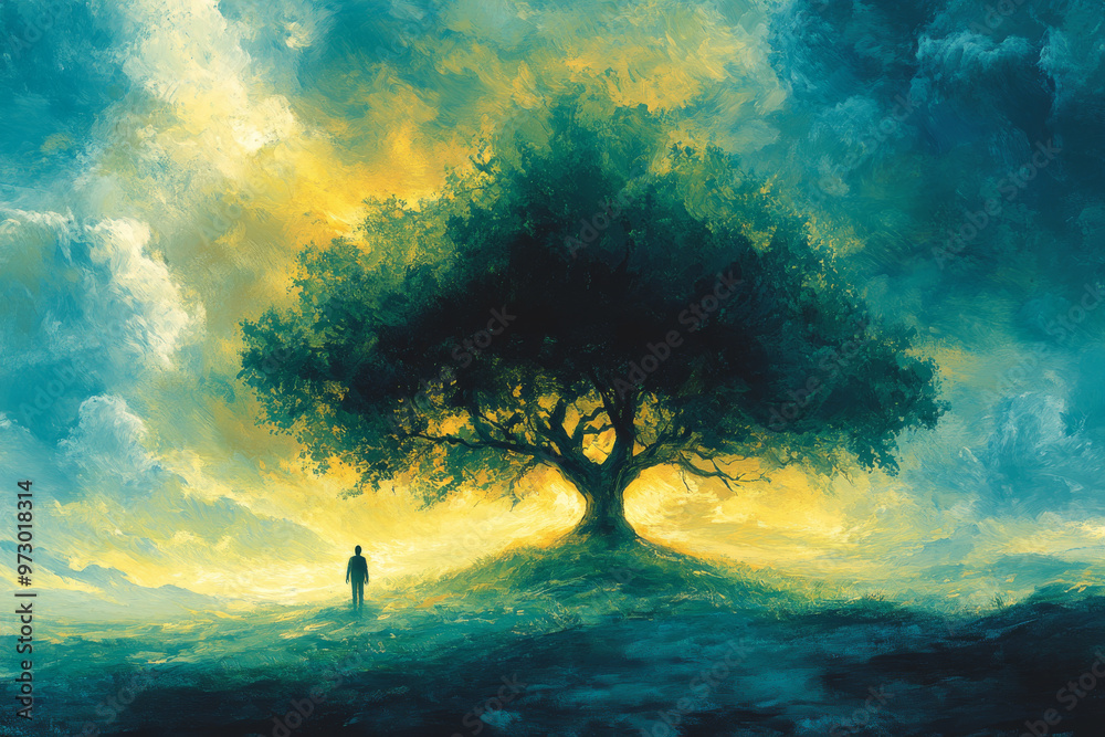A man stands in front of a large tree in a field A man stands in front of a large tree in a field
