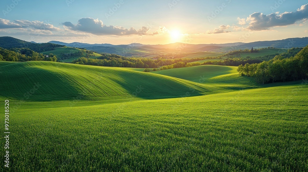 Obraz premium Serene landscape at sunrise over rolling green hills.