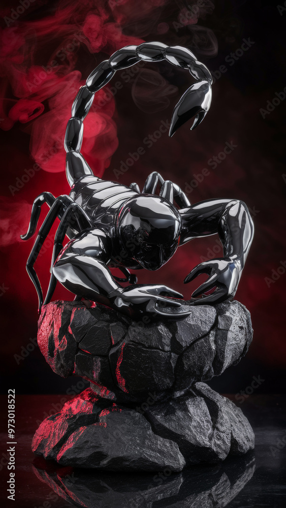 Artistic Chrome Scorpion Sculpture Posed on a Rock With Red Smoke in the Background, Highlighting a Modern and Intimidating Design
Artistic Chrome Scorpion Sculpture Posed on a Rock With Red Smoke in the Background, Highlighting a Modern and Intimidating Design