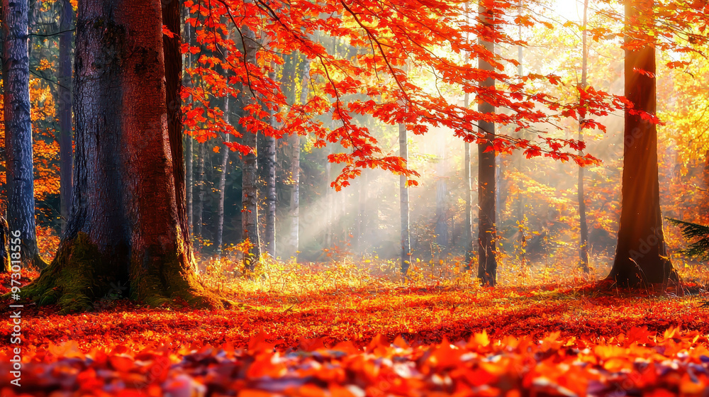 Fototapeta premium Vibrant autumn forest scene with bright red foliage, sunlight streaming through trees, creating a serene, picturesque atmosphere