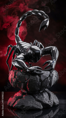 Artistic Chrome Scorpion Sculpture Posed on a Rock With Red Smoke in the Background, Highlighting a Modern and Intimidating Design
 photo