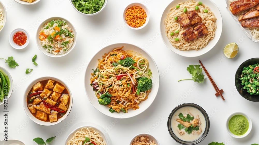 A creative flat lay of various noodle dishes, including pad Thai, ramen, and lo mein, arranged on a white background to showcase the variety and appeal of the dishes. A creative flat lay of various noodle dishes, including pad Thai, ramen, and lo mein, arranged on a white background to showcase the variety and appeal of the dishes.