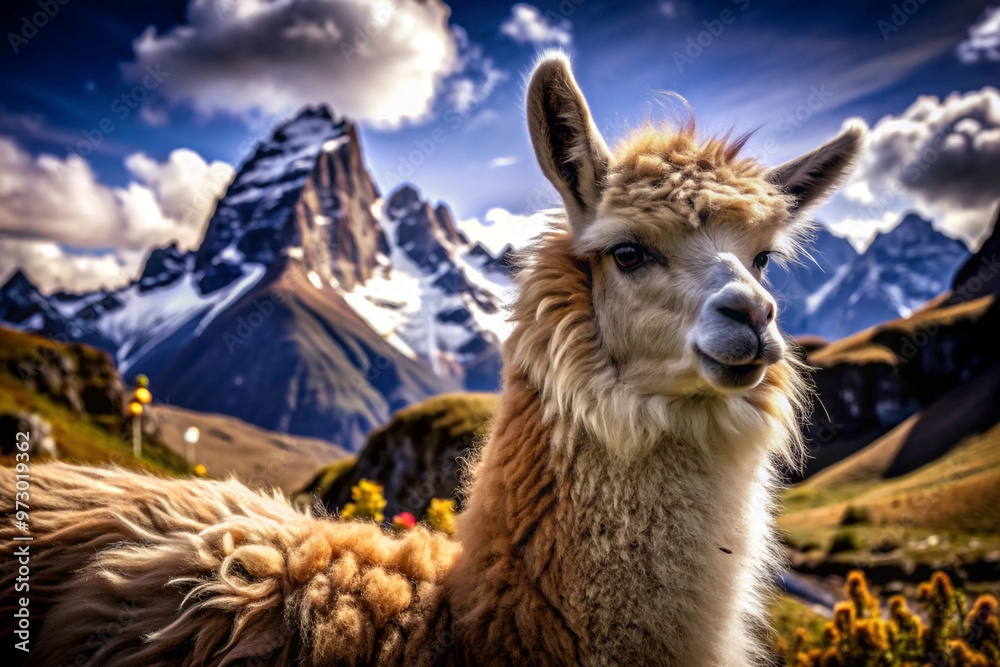 Obraz premium Close-up of a Llama with Snowy Mountains in the Background