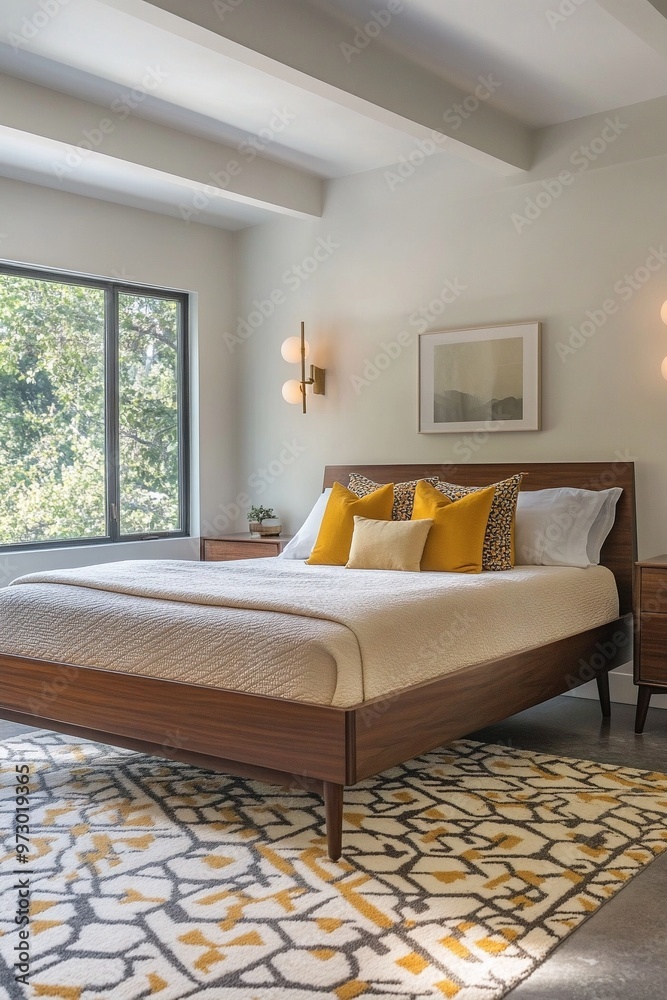 Fototapeta premium A photo of a mid century modern interior in a cozy bedroom with white walls hanging with art frames and a bed for sleeping. Generative AI 