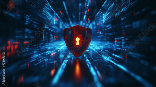 Security Concept: Front View of a Lock Shield on a Blurred Digital Screen with a Smooth Background, Symbolizing Advanced Technology, Data Protection, Cybersecurity, and Encryption in Modern IT Systems photo