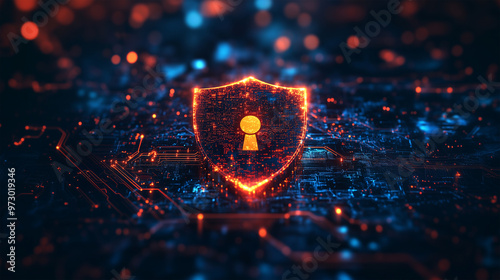 Security Concept: Front View of a Lock Shield on a Blurred Digital Screen with a Smooth Background, Symbolizing Advanced Technology, Data Protection, Cybersecurity, and Encryption in Modern IT Systems photo