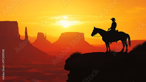 Silhouetted cowboy on horseback overlooking a desert canyon at sunset.