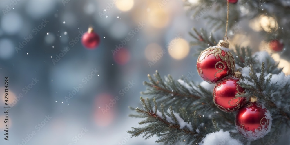 Close-up of Christmas tree branch with red and gold ornaments co Close-up of Christmas tree branch with red and gold ornaments co