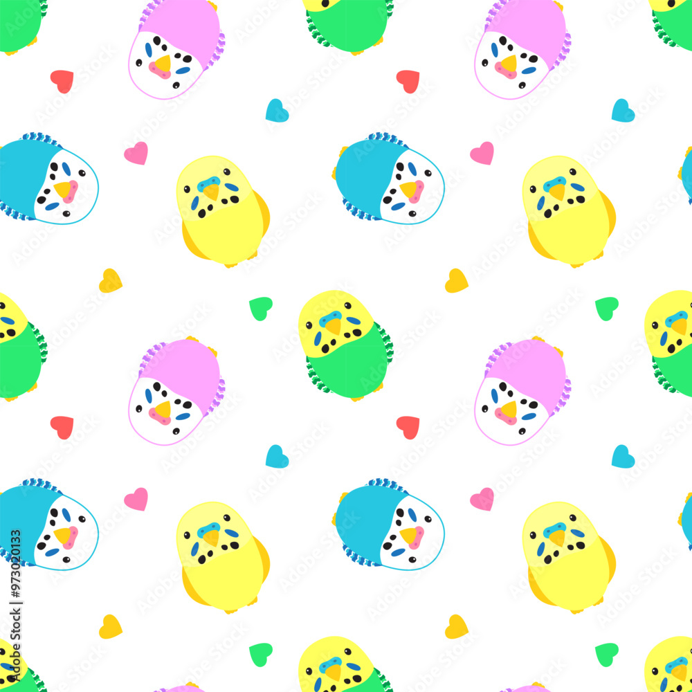 Cute cartoon colorful parrots and hearts on a white background. Seamless vector pattern, illustration, print Cute cartoon colorful parrots and hearts on a white background. Seamless vector pattern, illustration, print