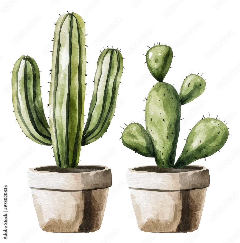 Fototapeta premium PNG Cacti in terracotta pots, watercolor art