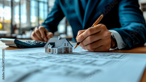 Real estate consultant reviewing architectural blueprints and a model house in a bright modern workspace