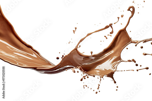 Dynamic splash of rich chocolate liquid against a white backdrop.