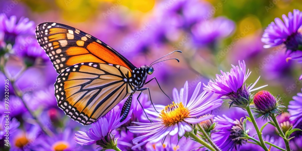 Monarch butterfly feeding on purple aster flower in a summer floral background, monarch butterfly, purple aster, flower Monarch butterfly feeding on purple aster flower in a summer floral background, monarch butterfly, purple aster, flower