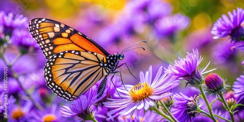 Monarch butterfly feeding on purple aster flower in a summer floral background, monarch butterfly, purple aster, flower