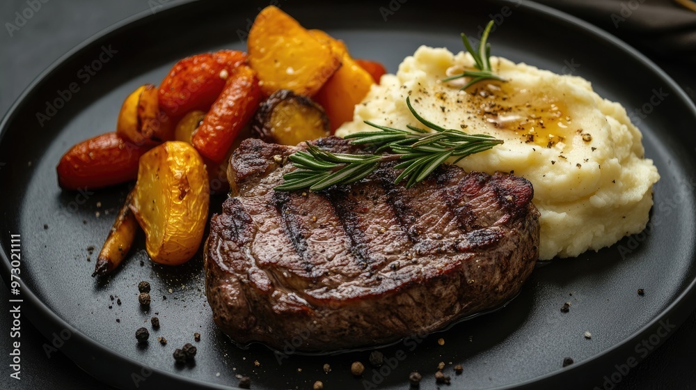 Ribeye steak, creamy mashed potatoes, and roasted vegetables, all garnished with rosemary for a gourmet meal, plated on a black plate Ribeye steak, creamy mashed potatoes, and roasted vegetables, all garnished with rosemary for a gourmet meal, plated on a black plate