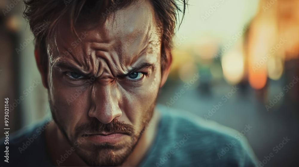 Close-up portrait of a person with a tense expression, feeling stressed, blurred background Close-up portrait of a person with a tense expression, feeling stressed, blurred background