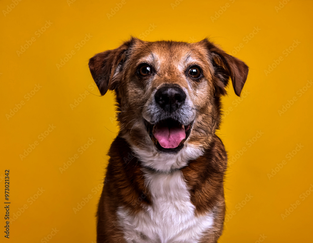 Cute adult dog says hello to camera isolated on yellow background Cute adult dog says hello to camera isolated on yellow background