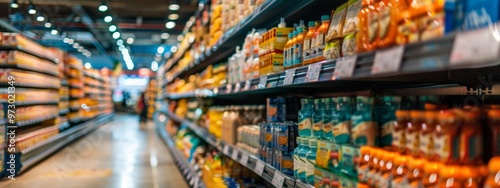 Aisle of a grocery store filled with products and bright lights