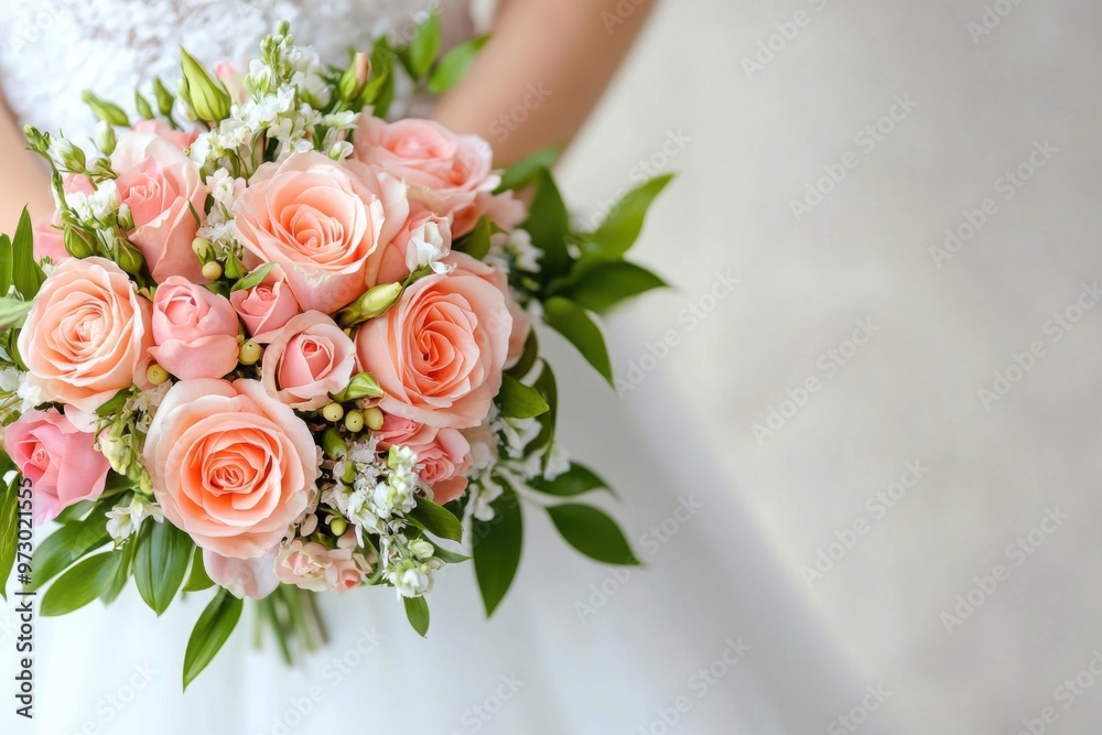 Elegant bridal bouquet featuring soft pink roses and delicate white flowers, perfect for weddings and romantic events. Elegant bridal bouquet featuring soft pink roses and delicate white flowers, perfect for weddings and romantic events.