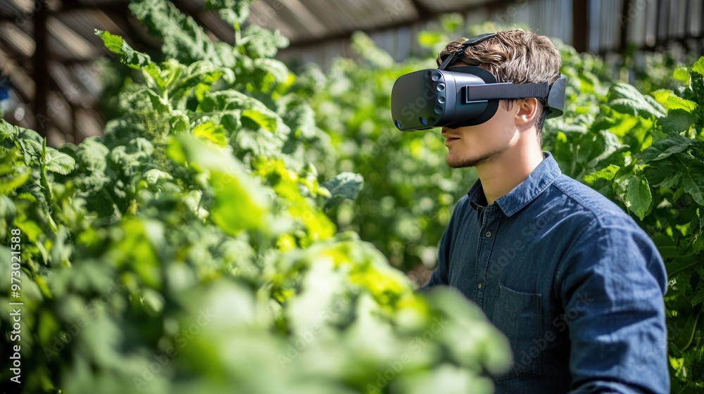 An agronomist using a VR headset to simulate different crop management strategies, evaluating results in a virtual environment before application An agronomist using a VR headset to simulate different crop management strategies, evaluating results in a virtual environment before application