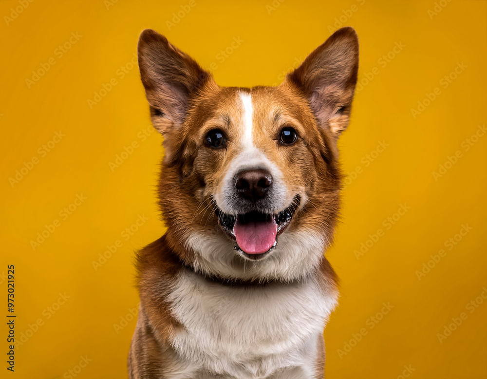 Cute adult dog says hello to camera isolated on yellow background Cute adult dog says hello to camera isolated on yellow background