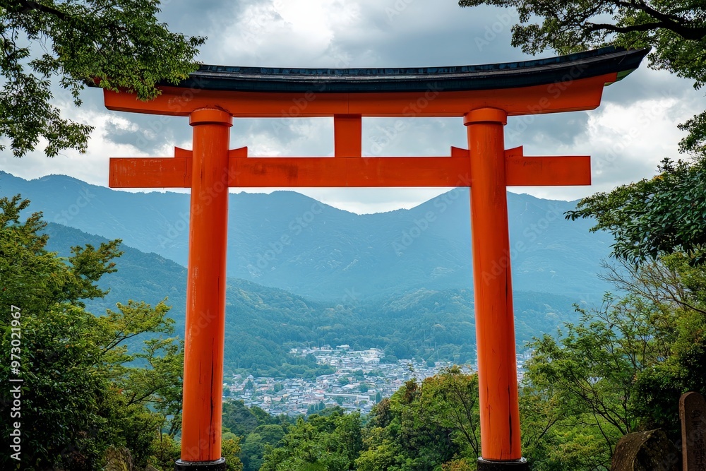 A traditional Japanese torii gate painted in vivid red, standing tall against a serene mountain backdrop A traditional Japanese torii gate painted in vivid red, standing tall against a serene mountain backdrop