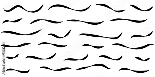 Hand drawn collection of curly swishes, swashes, swoops. Calligraphy swirl. Highlight text elements. Set of ribbons. Design concept element collection. stroke swash swirl, Brush drawn curved smear.19