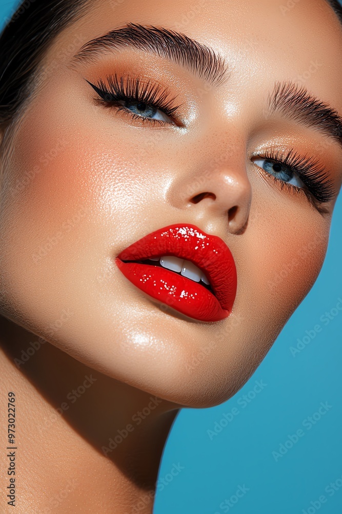 Fototapeta premium A glamorous beauty portrait featuring bold red lips and striking blue eyes, showcasing flawless skin and dramatic eyelashes.