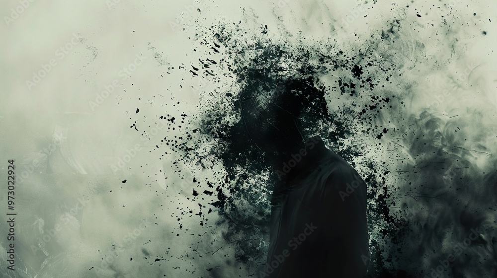 A silhouette of a person disintegrating into a cloud of dark particles, symbolizing mental breakdown, stress, or anxiety. A silhouette of a person disintegrating into a cloud of dark particles, symbolizing mental breakdown, stress, or anxiety.