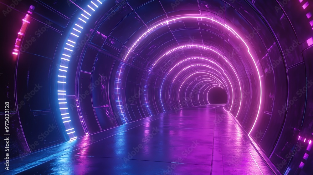 A futuristic tunnel with glowing neon lights in pink and blue. A futuristic tunnel with glowing neon lights in pink and blue.